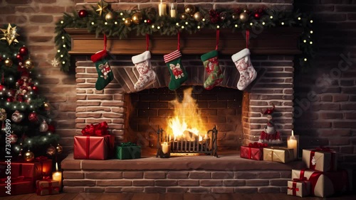 decorated fireplace and christmas tree. brick wall. christmas tree in the fireplace. seamless looping overlay 4k virtual video animation background 