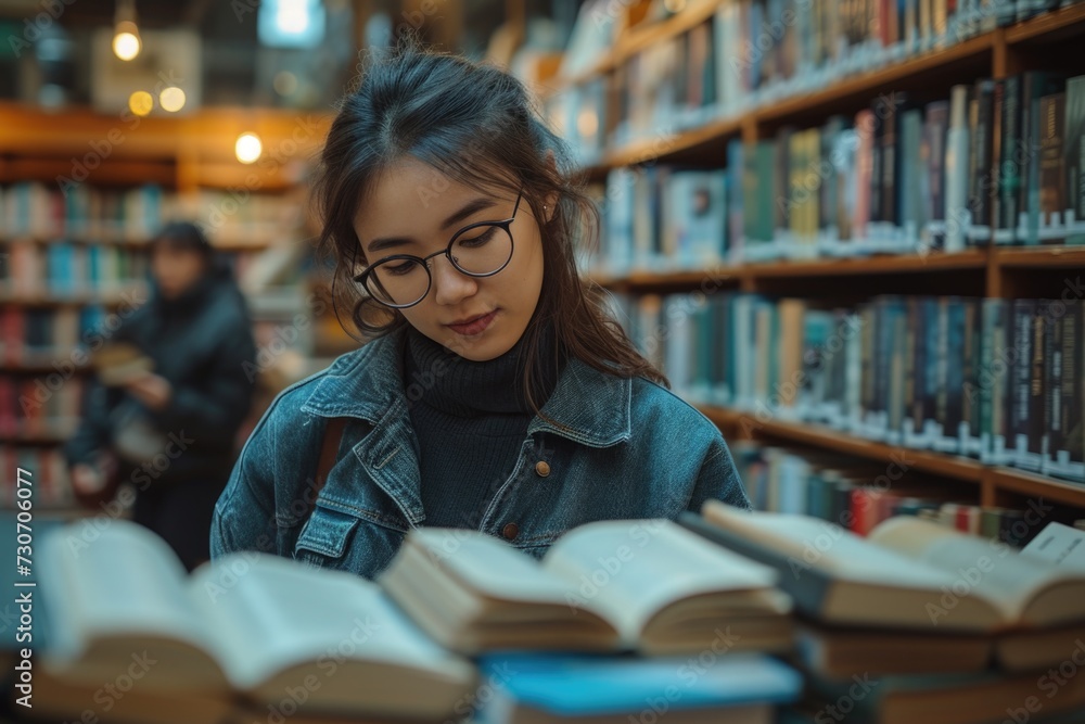 Diligent Student Immersed in Study at the Library Diligent Student Immersed in Study at the Library
