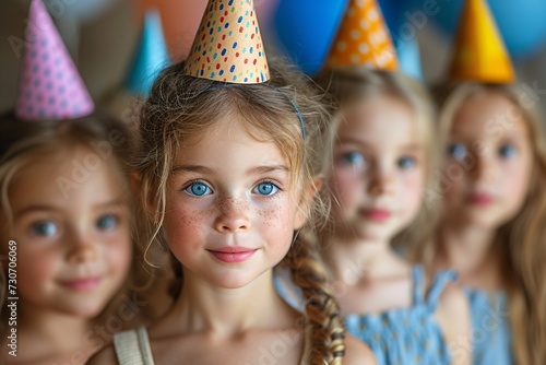 Birthday Party Hairdo: A Celebration of Young Girls in Party Hats Generative AI