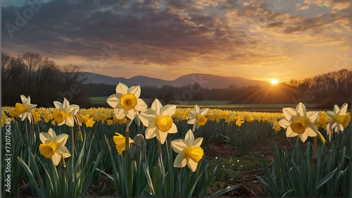 sunset in the field of daffodils 