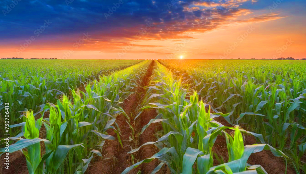 Sunset beauty over corn field landscape agricultural - obrazy, fototapety, plakaty 