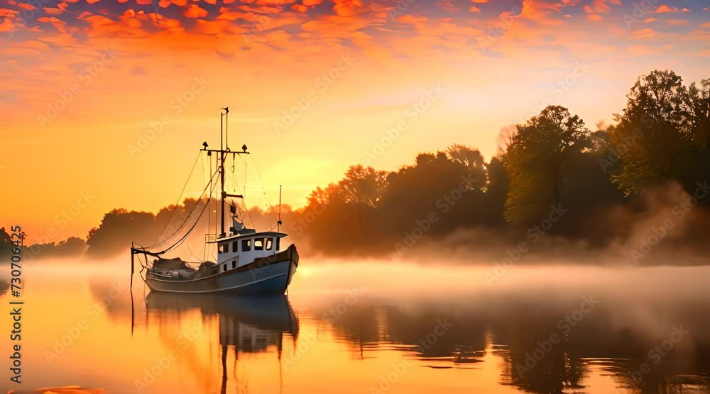 Abstract animation of a fishing in the light of sunset. Fishing vessel, peaceful ambiance, sunset glow. Artificial intelligence is trained to generate videos and animations. Generated by AI. Abstract animation of a fishing in the light of sunset. Fishing vessel, peaceful ambiance, sunset glow. Artificial intelligence is trained to generate videos and animations. Generated by AI.