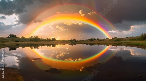 Abstract animation o rainbow. Multicolored, spectrum, natural phenomenon, ethereal, cheerful, joyous, atmospheric, whimsical, uplifting, awe-inspiring. Generated by AI. photo