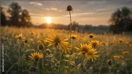 Field of coneflowers in sunset
