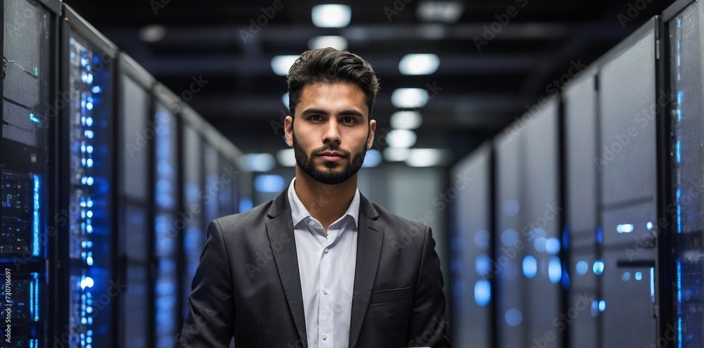 Fototapeta premium Young engineer checking network system with computer laptop in Data Center room.