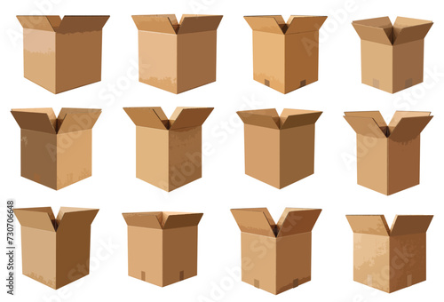 Opened cardboard box vector set isolated on white background