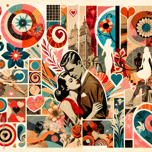 the abstract collage depicting a couple in love  inspired by the style of retro magazine cutouts. This unique and artistic representation captures the essence of vintage romance