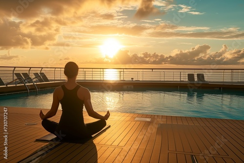 person practicing yoga beside cruise ship pool, sunrise backdrop
