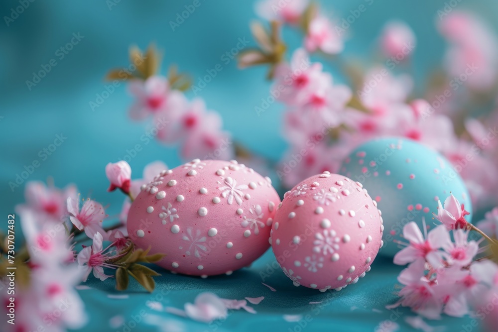 pink and blue easter eggs nicely decorated with spring flowers in the background. Generative AI