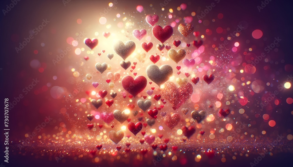 love and Valentine's Day festive background. Fantasy scene of glowing hearts floating with radiant light sparks and bokeh, creating an atmosphere of love, celebration, and Valentine's Day romance.