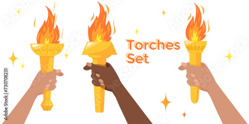 Set of burning golden torch with flame in hand. Symbols of relay race, sport, competition, winner and victory. Vector illustration isolated on white background