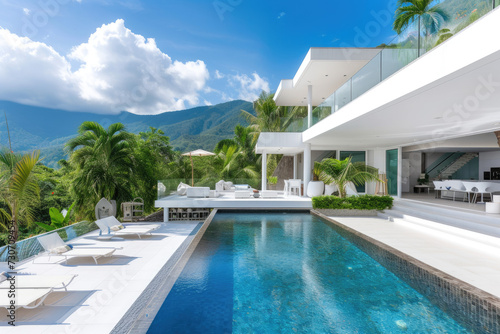Exterior modern white villa with pool and garden, mountain view © Kien