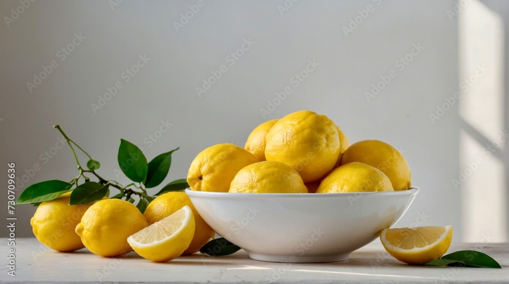 Lemons in a white bowl on white background. Healthy eating and food concept