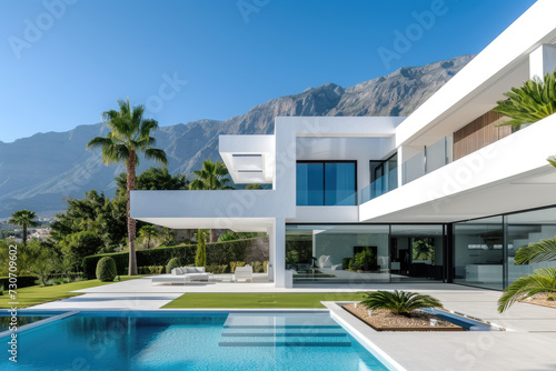 Exterior modern white villa with pool and garden, mountain view © Kien