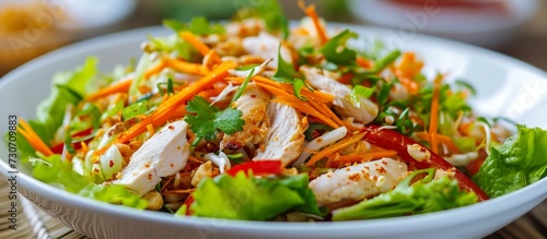 Spicy Thai salad with chicken and traditional recipe.