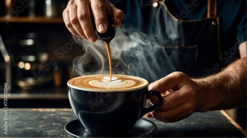 The barista hands you a cup of latte and steam flying in a coffee shop. 