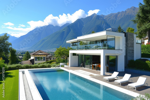 Exterior modern white villa with pool and garden, mountain view
