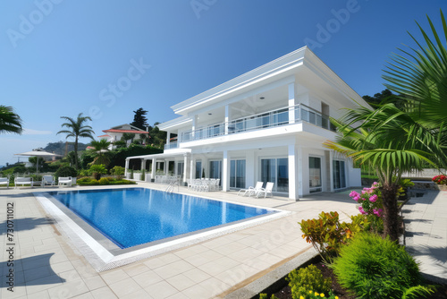 Exterior modern white villa with pool and garden, sea view © Kien