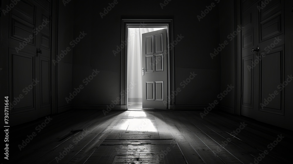 Grayscale shot of an open door letting light into a dark room