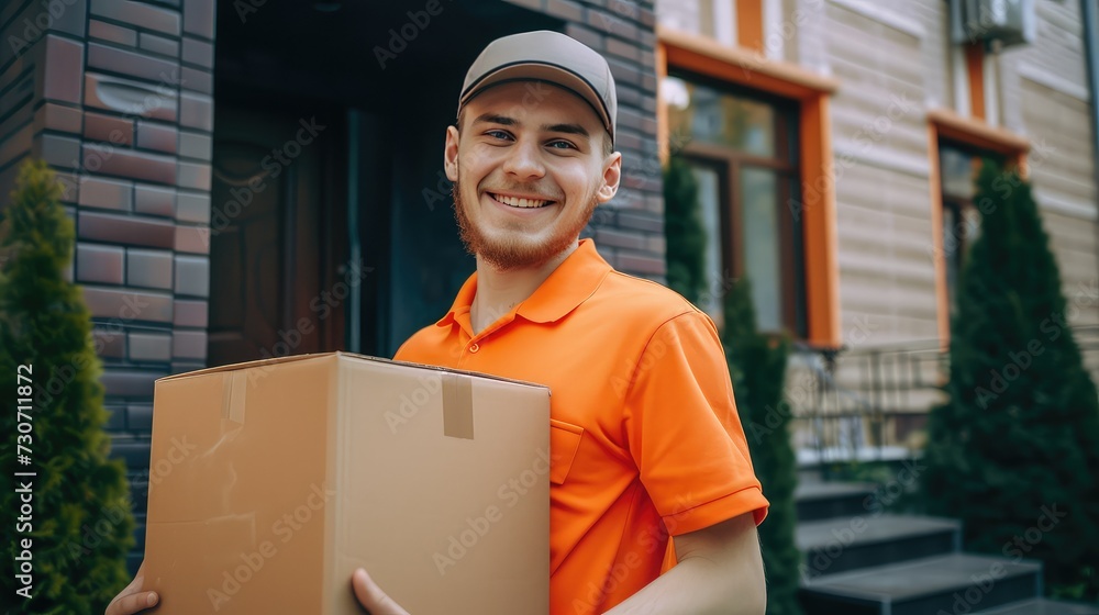 Delivery service. Young Caucasian man with a parcel next your door. A friendly presence, bringing surprises to your doorstep. Delivery service. Young Caucasian man with a parcel next your door. A friendly presence, bringing surprises to your doorstep.