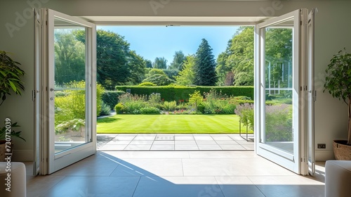 A beautiful garden and patio in summer are seen from a stylish designer room through bifold doors. photo