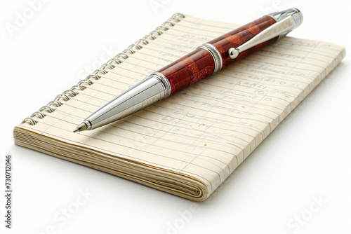 Memo pad and a silver pen, isolated on white with natural shadows. Intentionally highlighted on upper left hand corner. Focus is slightly below memopad top  photo