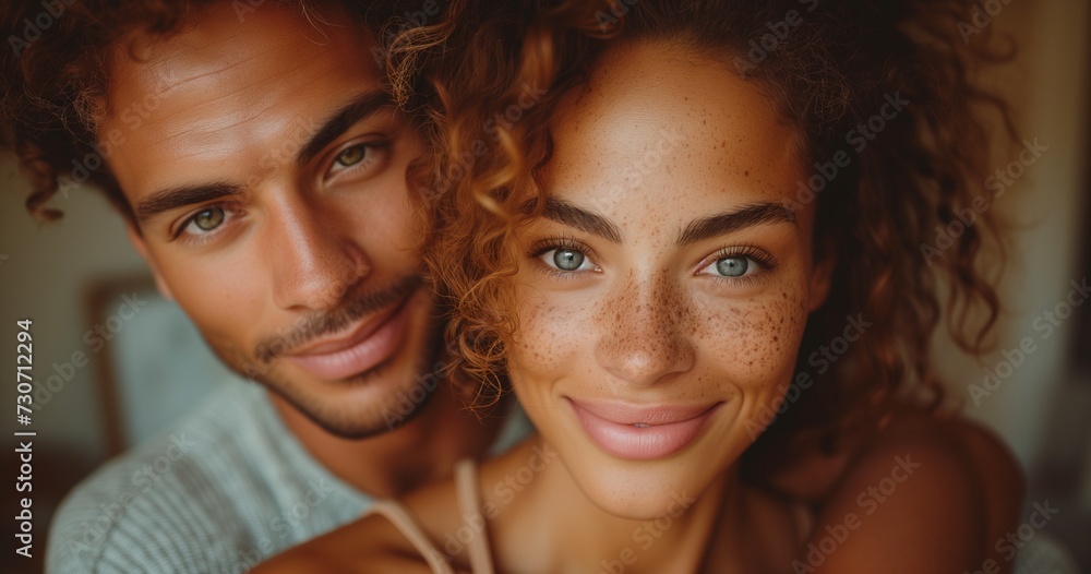 Obraz premium Joyful Couple Embracing in Kitchen, Radiating Optimism and Love