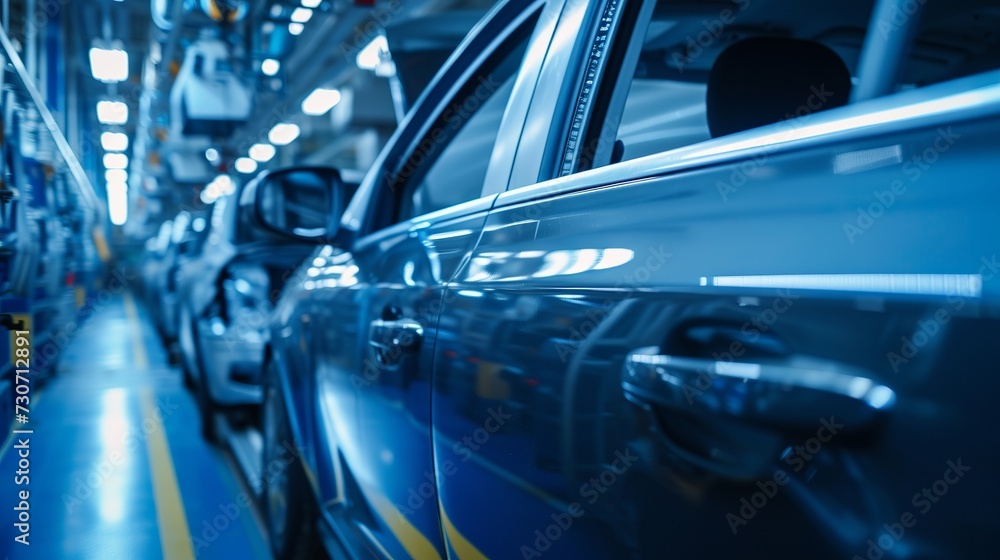 Car door on production line. Factory for production of cars in blue.