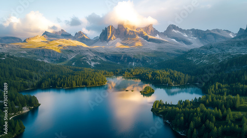 Aerial view of Lago Antorno, Dolomites, Lake mountain landscape with Alps peak , Misurina, Cortina d'Ampezzo, Italy, generative ai photo