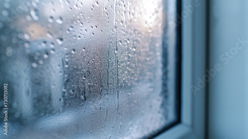 Close-up of double-glazed window condensation caused by excessive moisture in the house in winter occurs when the seal between panes is broken or desiccant inside the window.  photo