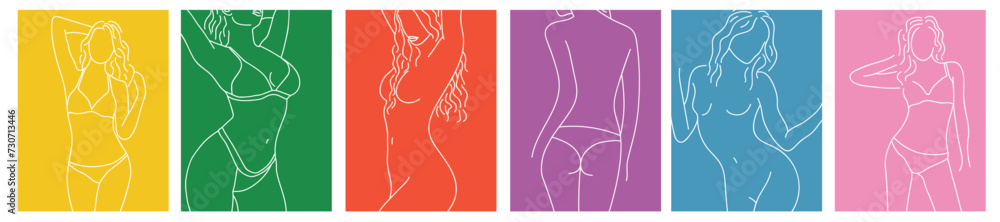 a collection of simple modern posters with sexy linear silhouettes of naked and bikini girls on colored backgrounds - obrazy, fototapety, plakaty 