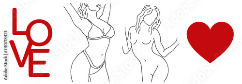 collection of simple modern posters with sexy linear silhouettes of naked and bikini girls, red heart and text love on a white background