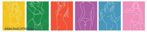 a collection of simple modern posters with sexy linear silhouettes of naked and bikini girls on colored backgrounds photo
