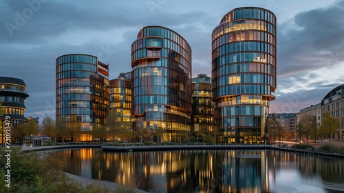 Copenhagen, Denmark. Axel Towers comprising five round towers Modern Office Buildings Glass And Copper in Copenhagen opposite of Tivoli Gardens designed by Lundgaard, Tranberg Arkitekter