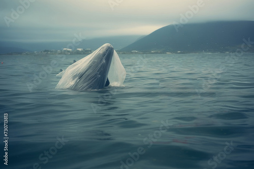 Ocean pollution campaign with whales swimming and floating plastic bag © Nadzeya