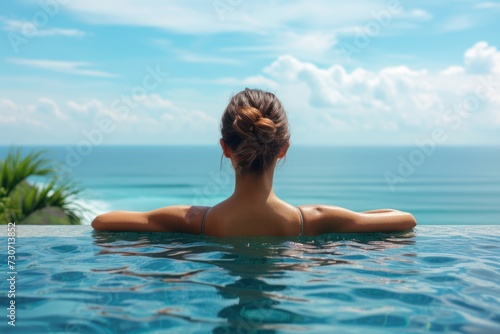 Rear view of young woman relaxing in swimming pool with ocean view copy space