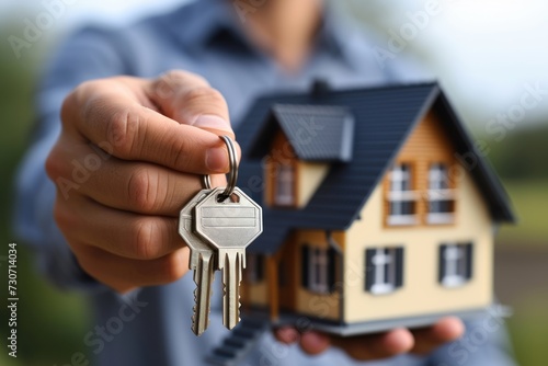 Cropped image of real estate agent holding keys and house model, new home buying motive,copy space.