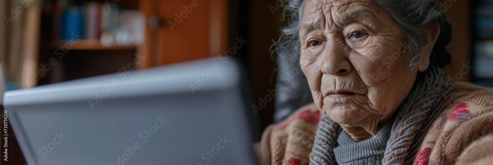 Engaging image of a Hispanic elderly woman using a laptop to attend an online class, illustrating adaptability and continuous education.