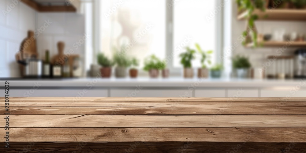 Wood table top kitchen interior background and blurred background