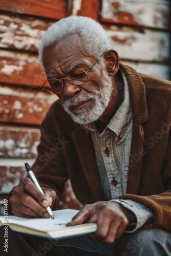 Inspirational image of an African American elderly man writing his memoirs, representing legacy and storytelling.