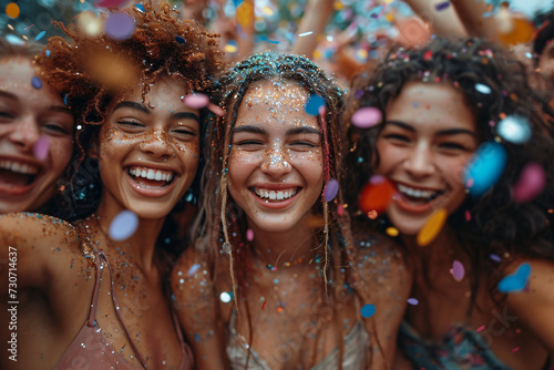 Joyful diverse group of friends or colleagues celebrating with confetti, cheering and laughing together in a festive atmosphere at a party or successful corporate event 