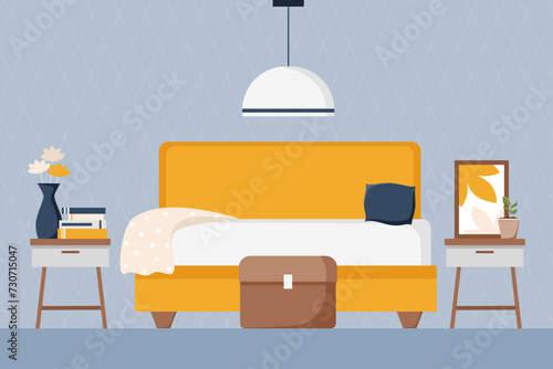 Cozy modern style bedroom in navy blue, orange and white tones. Light  blue wallpaper with rhombus. Interior and furniture collection. Scandinavian design. Vector cartoon flat illustration