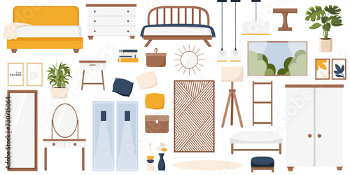 Cozy modern style bedroom set in navy blue, orange and white tones. Calmness atmosphere. Interior and furniture collection. Scandinavian or cottage core design. Vector cartoon flat illustration