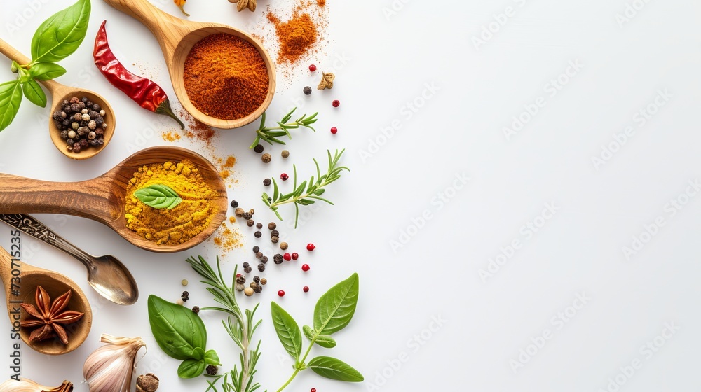 Food background with spices, herbs, utensil on white background.