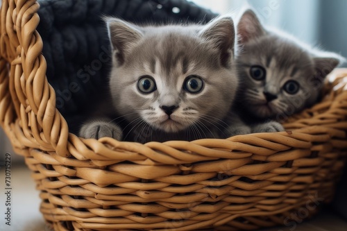 Two cute gray kittens are sitting in a wicker basket © Nadzeya