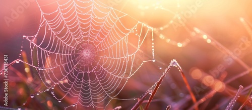 Macro photography captures the glistening spider webs covered in dew at dawn.