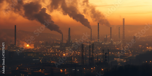 Toxic fumes from large industrial plants  air pollution problem concept.