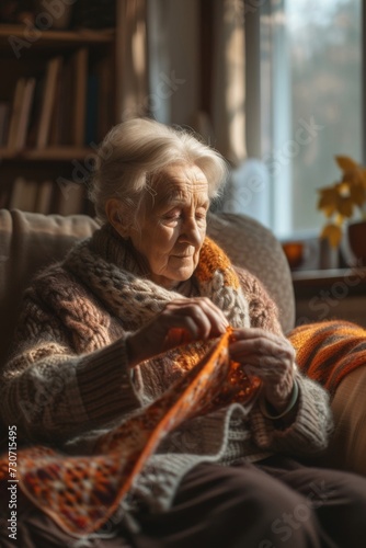 Warm image of a Hispanic elderly woman knitting in a cozy room, highlighting leisure and creativity.