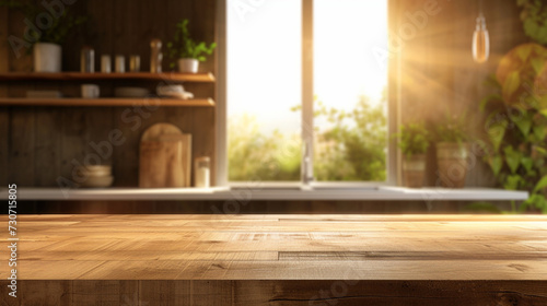 Empty Beautiful wood table top and sunlight modern kitchen interior background, Ready for product montage. © Sun