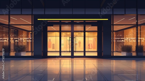 Glass entrance door. Shopping center mall entrance automatic doors with reflection and black frame. Store facade with storefront and exhibition lights. photo